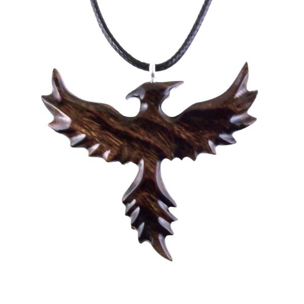 Rising Phoenix Necklace, Hand Carved Wooden Phoenix Pendant, Fantasy Wood Jewelry, Firebird Inspirational Gift