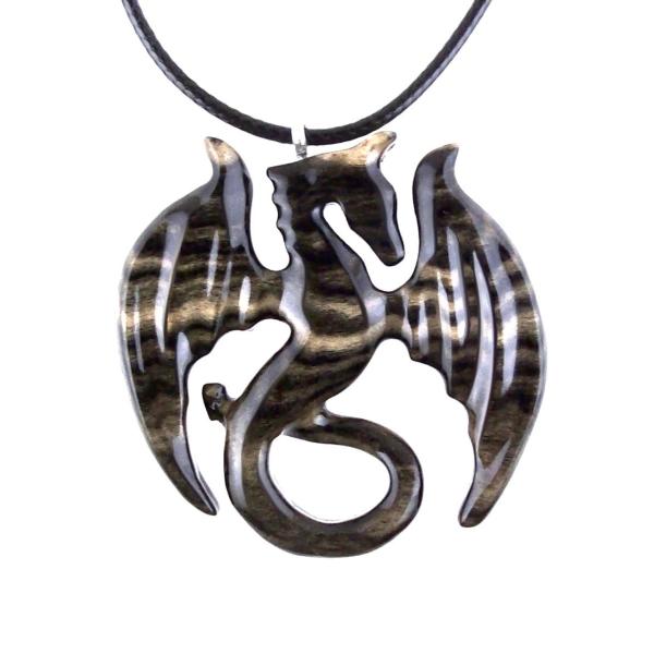 Dragon Necklace for Men Women, Hand Carved Wooden Dragon Pendant, Fantasy Wood Jewelry Gift