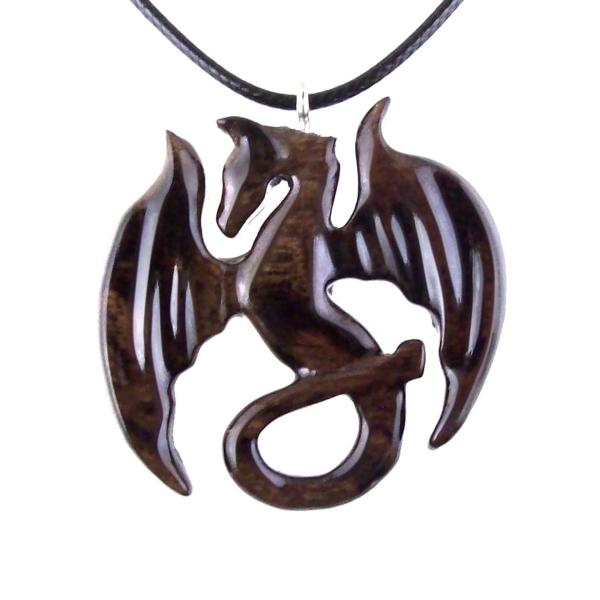 Wooden Dragon Pendant, Hand Carved Dragon Necklace, Fantasy Wood Jewelry for Men Women
