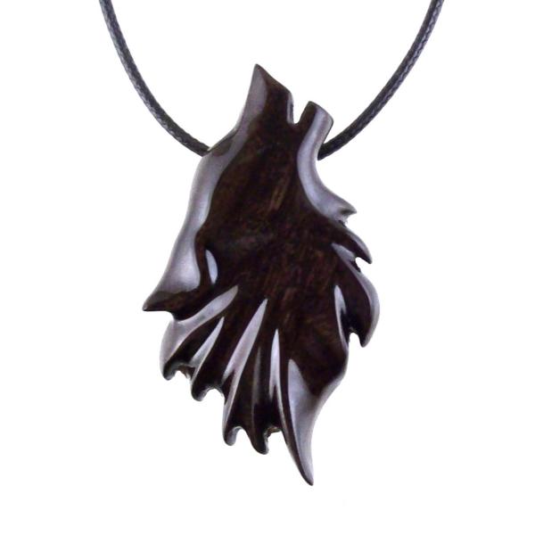 Hand Carved Wooden Wolf Pendant Necklace, Totem Spirit Animal Wood Jewelry in Dark Brown