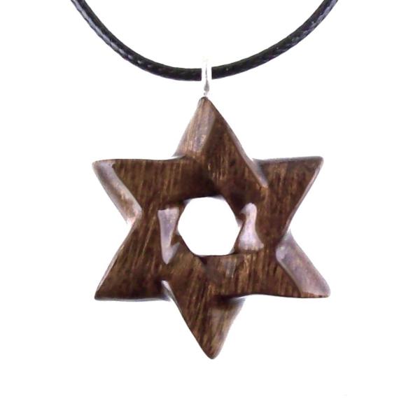 Wooden Star of David Pendant, Hand Carved Jewish Star Necklace, Men Women Wood Jewelry