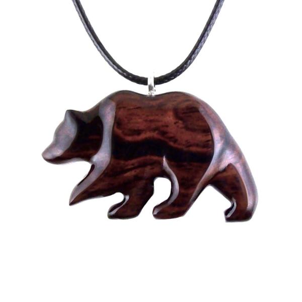 Wood Bear Necklace, Hand Carved Wooden Grizzly Bear Pendant for Men or Women, Spirit Animal Totem Jewelry Gift for Him Her
