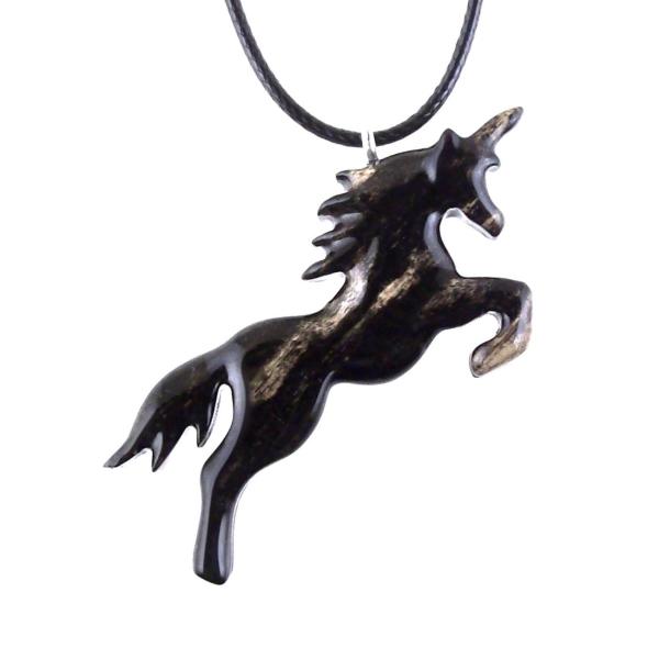 Hand Carved Wooden Unicorn Pendant Necklace, Fantasy Animal Wood Jewelry Gift for Her Him