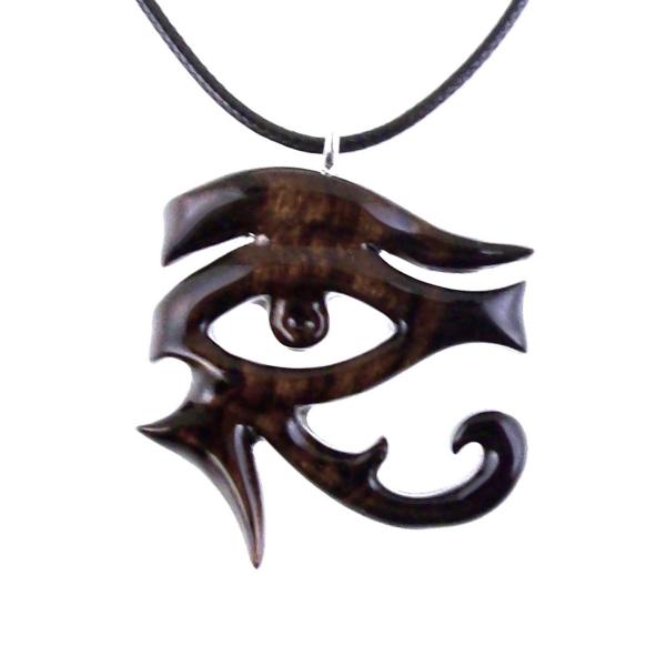 Eye of Horus Pendant, Hand Carved Wooden Eye of Ra Necklace, Egyptian Wood Jewelry
