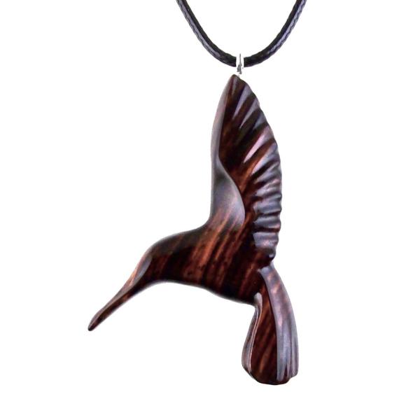 Hand Carved Wooden Hummingbird Pendant, Hummingbird Necklace, Wood Bird Jewelry Gift for Her