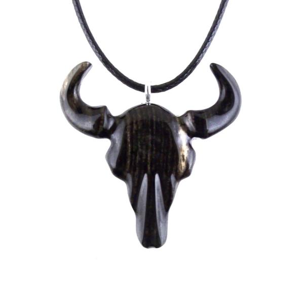 Bull Skull Necklace, Hand Carved Wooden Buffalo Head Pendant, Ox Cowboy Pendant, Taurus Jewelry