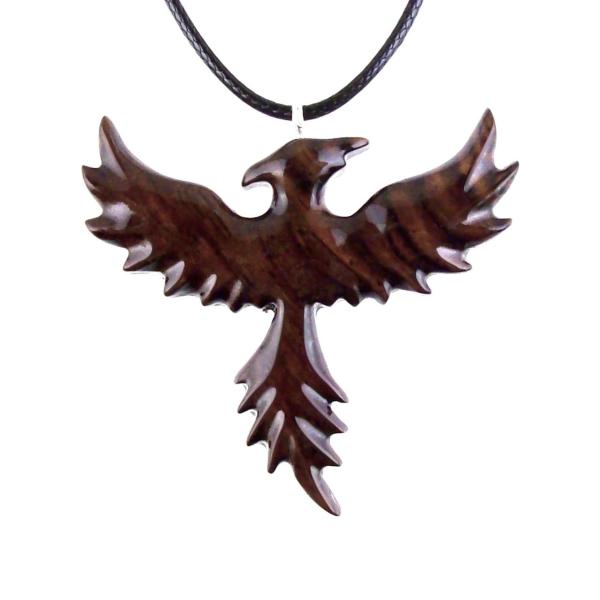 Hand Carved Phoenix Necklace, Wooden Rising Phoenix Pendant for Men or Women, Wood Firebird Fantasy Inspirational Jewelry