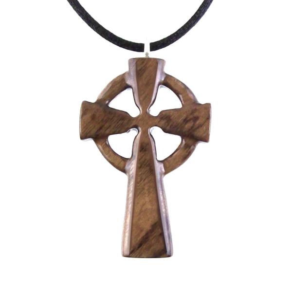 Celtic Cross Pendant, Hand Carved Wood Cross Necklace, Irish Mens Wooden Christian Jewelry, One of a Kind Gift for Him