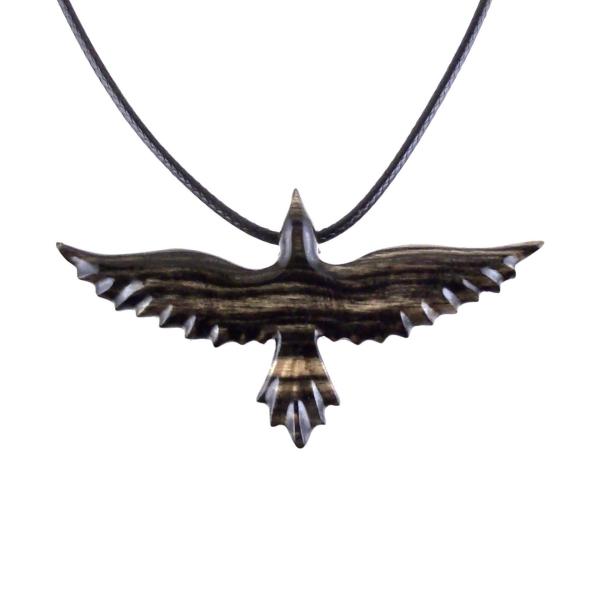 Flying Raven Necklace, Hand Carved Wooden Crow Pendant for Men Women, Wood Bird Jewelry