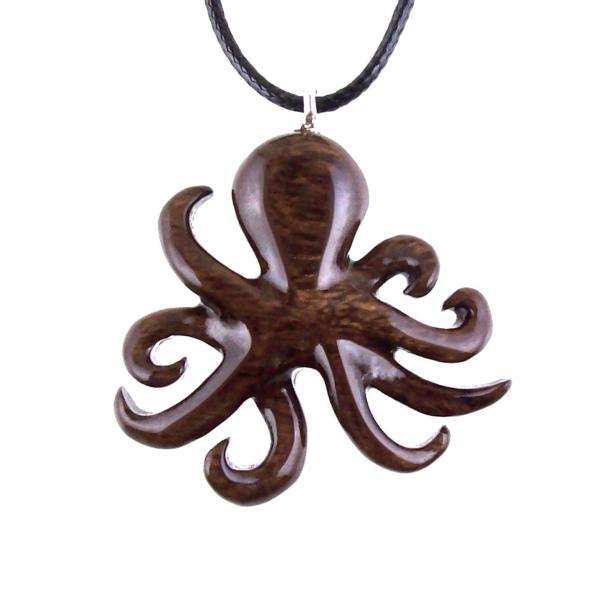 Hand Carved Octopus Necklace for Men Women, Wooden Squid Pendant, Nautical Wood Jewelry Gift