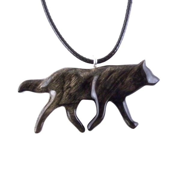 Hand Carved Wooden Wolf Necklace, Ebony Wolf Pendant, Spirit Animal Totem Woodland Jewelry Gift