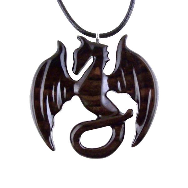 Dragon Necklace for Men Women, Wooden Dragon Pendant, Hand Carved Fantasy Wood Jewelry