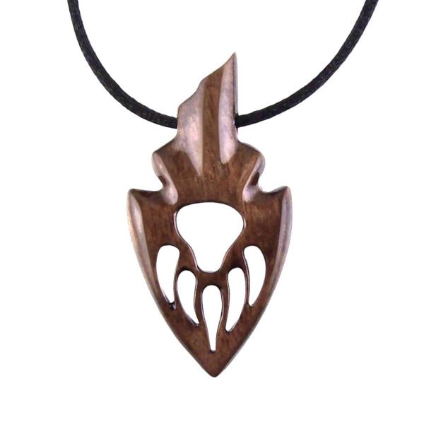 Wooden Bear Paw Necklace, Hand Carved Arrowhead Pendant, Totem Protection Amulet, Men Wood Jewelry