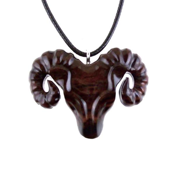 Ram Head Pendant Necklace, Hand Carved Wooden Sheep Jewelry, Handmade Aries Gift