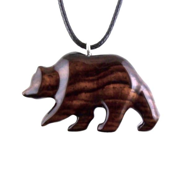 Wood Bear Necklace, Hand Carved Wooden Grizzly Bear Pendant for Men or Women, Spirit Animal Totem Jewelry Gift for Him Her