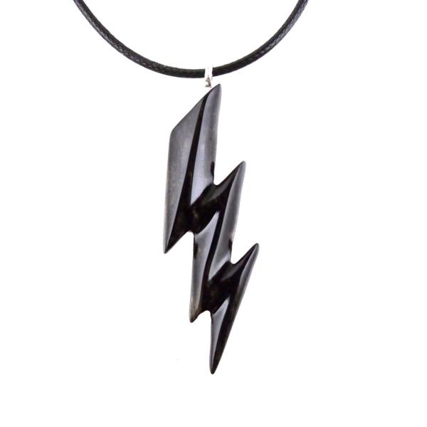 Lighting Bolt Necklace, Hand Carved Wooden Flash Pendant, Lightning Strike Thunderbolt Wood Jewelry