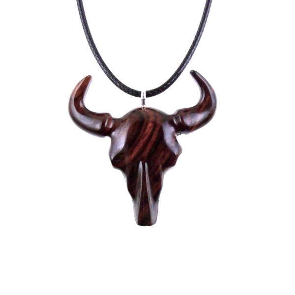 Hand Carved Bull Pendant, Wooden Bull Skull Necklace, Bison Necklace, Mens Ox Pendant, Taurus Jewelry Gift for Him