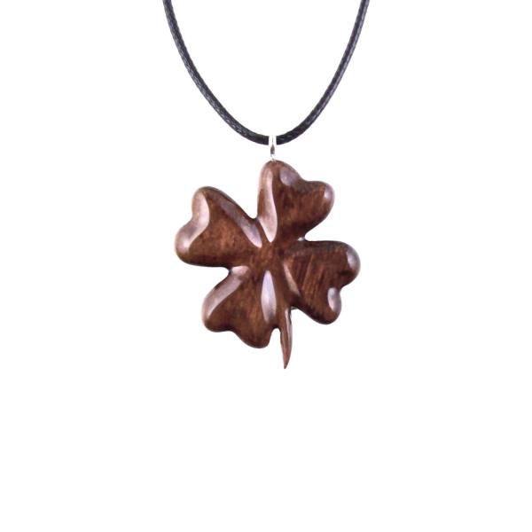 Hand Carved Four Leaf Clover Necklace, Wooden Shamrock Pendant, Lucky Charm Amulet, Good Luck Wood Jewelry Gift for Her