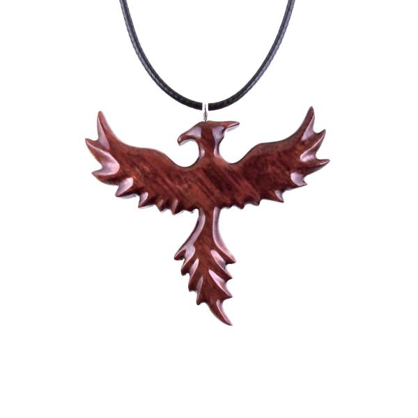 Rising Phoenix Necklace, Hand Carved Wooden Phoenix Pendant, Wood Firebird Jewelry, Inspirational Gift for Her Him
