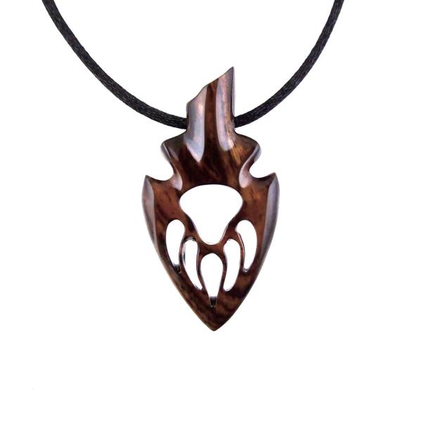 Bear Paw Necklace, Hand Carved Wooden Arrowhead Pendant, Totem Protection Amulet, Bear Jewelry for Men, One of a Kind Gift for Him