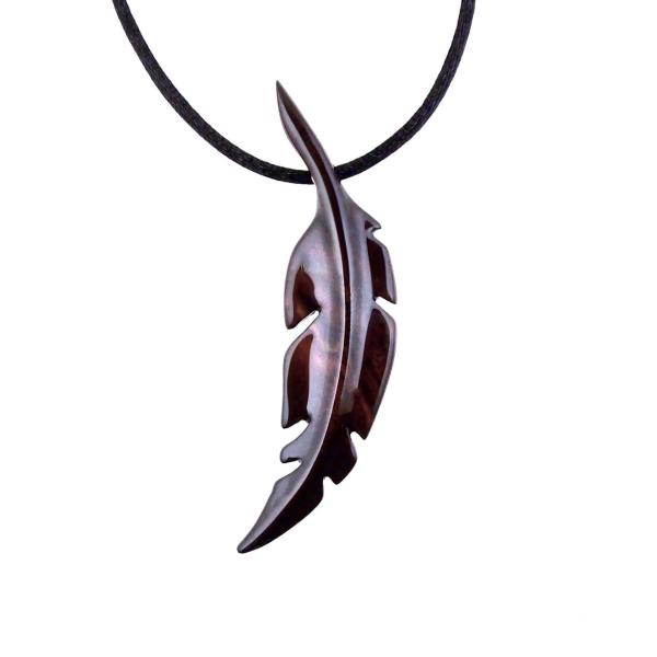 Reddish-brown reversible wooden feather pendant with black satin cord.