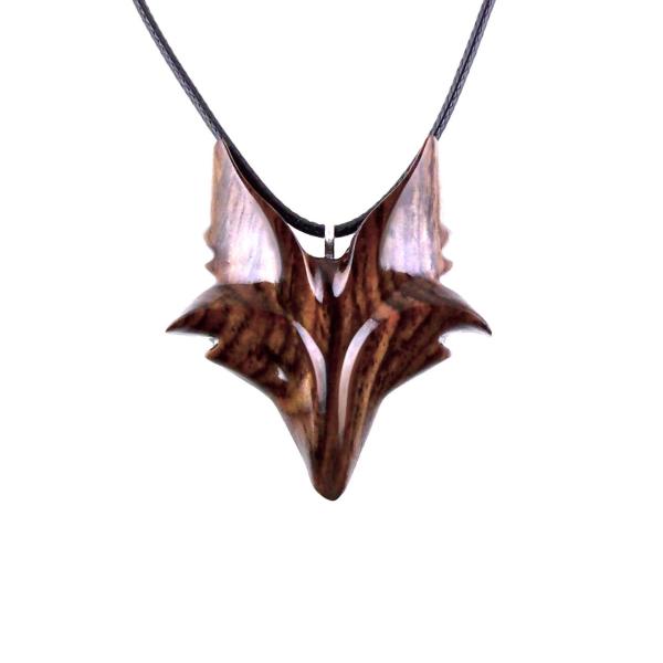 Reddish-Brown wooden fox face pendant with 18 inches black cord necklace.