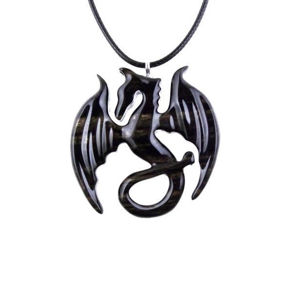 Dragon Necklace for Men Women, Hand Carved Wooden Dragon Pendant, Fantasy Wood Jewelry Gift for Her Him