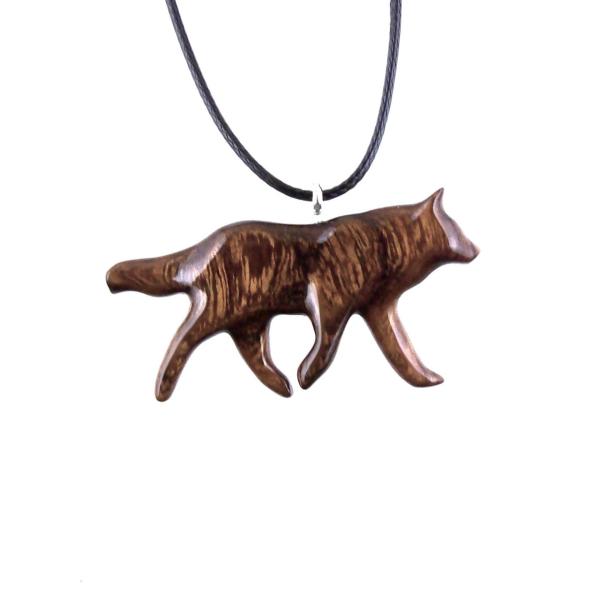 Brown reversible wooden walking wolf pendant with 18 inches black cord necklace with lobster clasp.