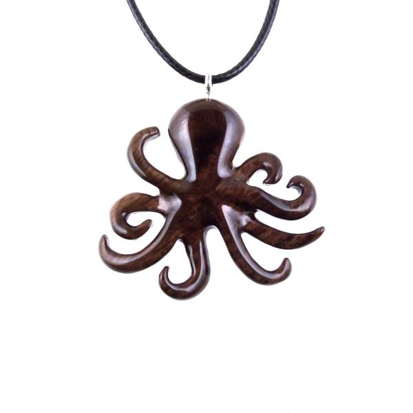 Brown reversible wooden octopus pendant with 18 inches black cord necklace with lobster clasp