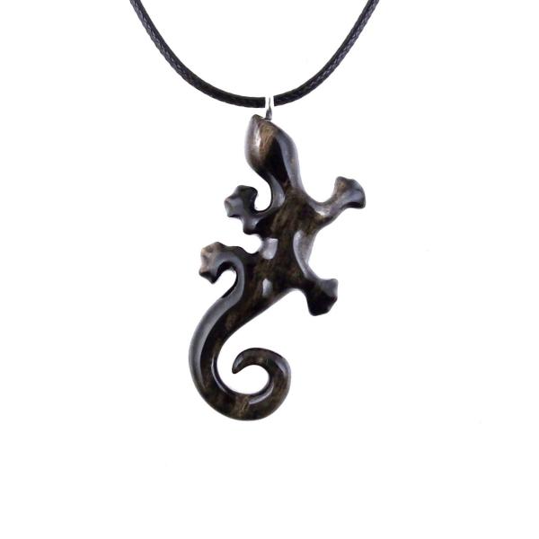 Black with cream streaks wooden lizard pendant with 18 inches black cord necklace with lobster clasp