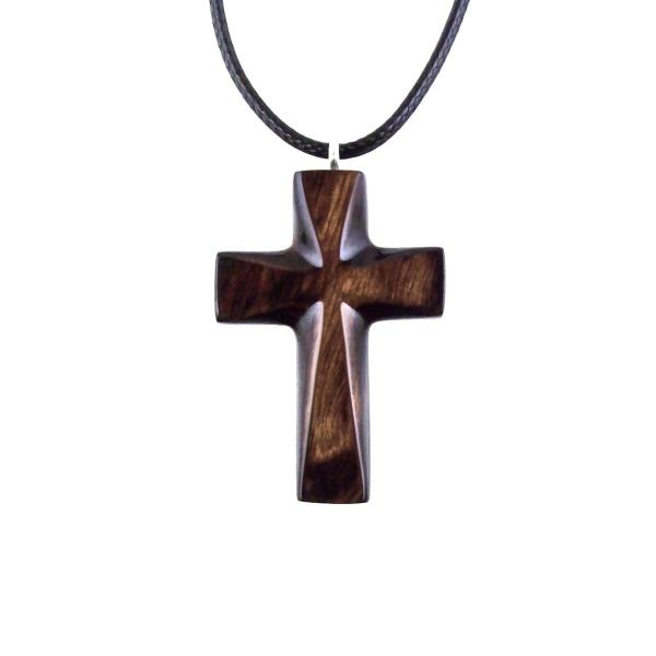 Brown reversible wooden cross pendant with 18 inches black cord necklace with lobster clasp
