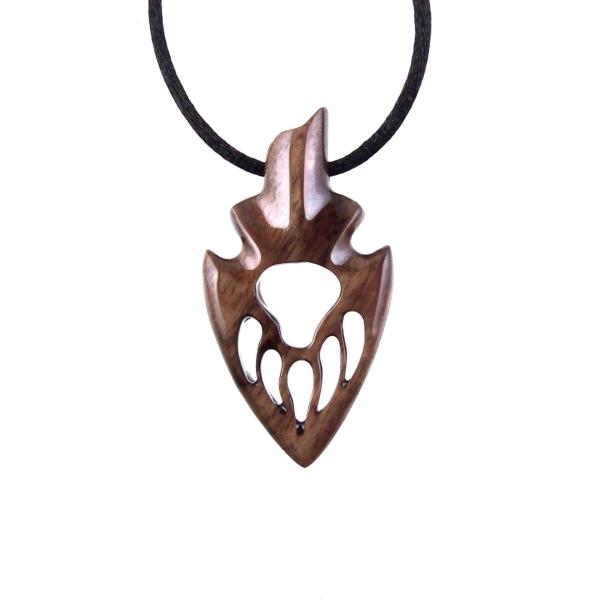 Brown reversible Wooden Pendant arrowhead with bear paw cut-out inside of it with black satin cord necklace
