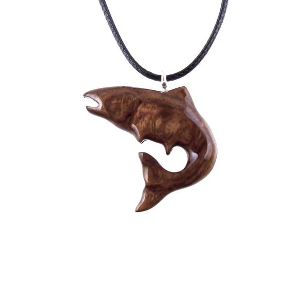 Salmon Necklace, Hand Carved Wooden Fish Pendant, Trout Necklace, Mens Wood Pendant, Fishermen Jewelry, Gift for Him