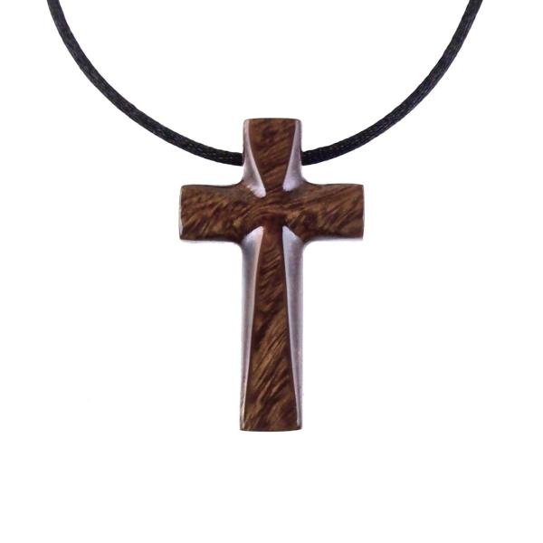 Reversible Brown Wooden Cross Pendant with black satin cord necklace.