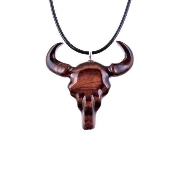Hand Carved Bull Pendant, Wooden Bull Skull Necklace, Bison Necklace, Mens Ox Pendant, Taurus Jewelry Gift for Him