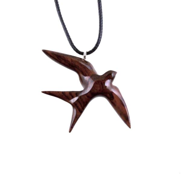 Hand Carved Swallow Necklace, Wooden Bird Pendant, Hope and Love Symbol 5th Anniversary Wood Jewelry Gift for Her