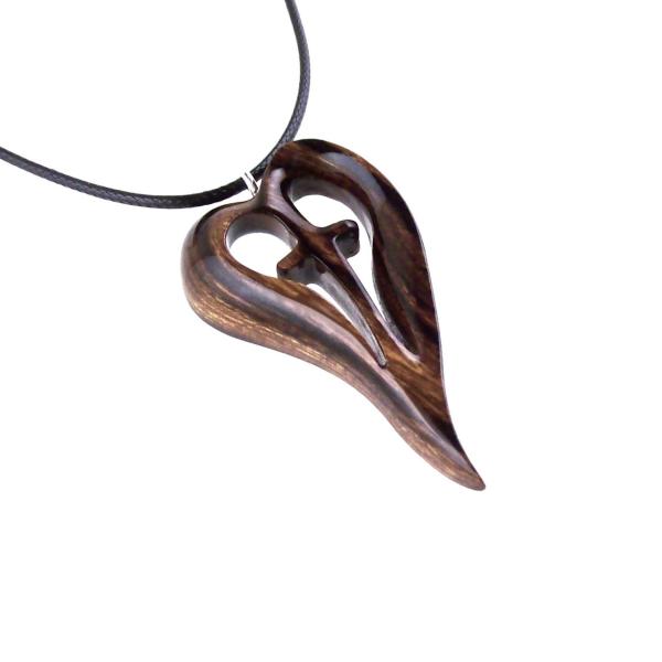 Women Cross Necklace, Wooden Heart Pendant, Hand Carved Wood Cross Necklace, 5th Anniversary Gift for Her, Christian Jewelry