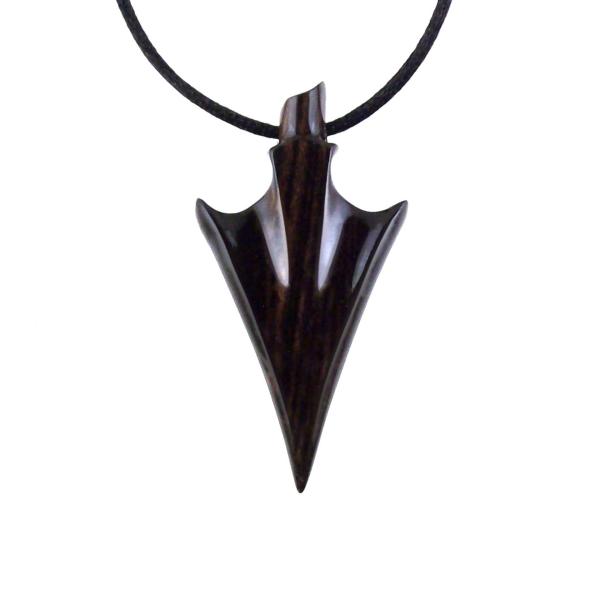 Hand Carved Arrowhead Necklace, Wooden Arrow Pendant, Mens Wood Necklace, Tribal Jewelry in Black with Brown Streaks