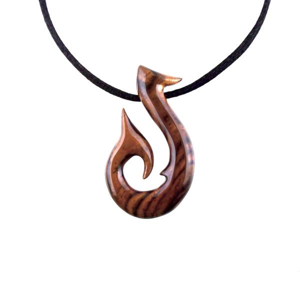 Hand Carved Fish Hook Pendant, Mens Wood Necklace, One of a Kind Wooden Fisherman Jewelry, Gift for Him