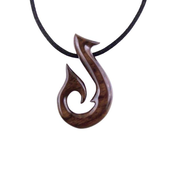 Hand Carved Fish Hook Pendant Necklace, Mens Wood Necklace, Handmade Fisherman Jewelry, One of a Kind Gift for Him