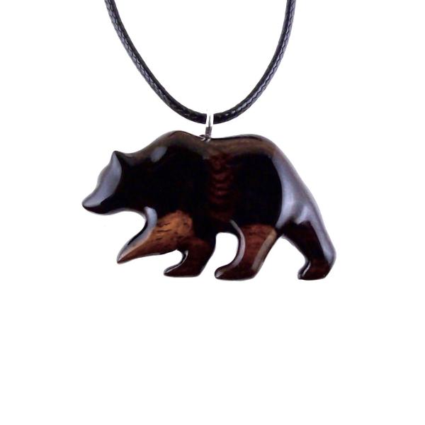 Wood Bear Necklace, Hand Carved Wooden Grizzly Bear Pendant for Men or Women, Spirit Animal Totem Jewelry Gift for Him Her