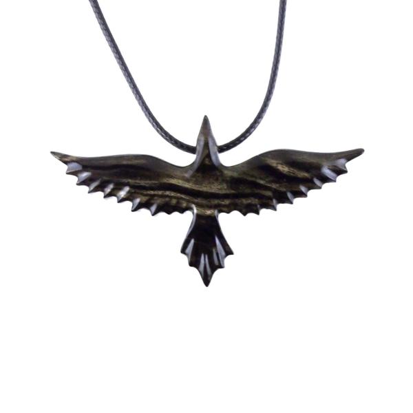 Flying Raven Necklace, Hand Carved Wooden Raven Pendant, Crow Necklace for Men or Women, Wood Bird Pendant, Totem Jewelry