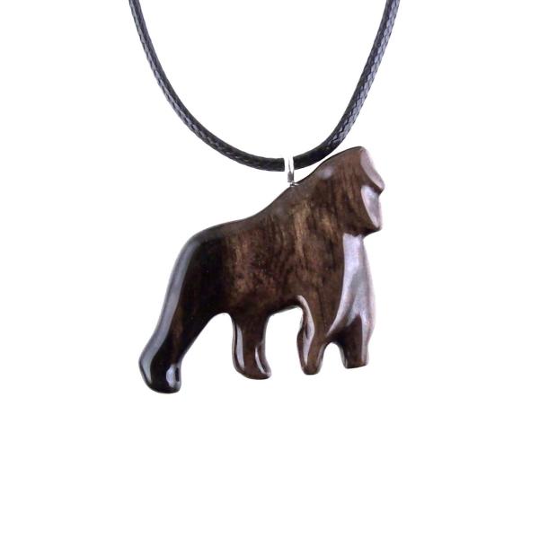 Gorilla Necklace, Hand Carved Wooden Gorilla Pendant, Animal Necklace, Gift for Him, Mens Wood Jewelry in Black with Brown Streaks
