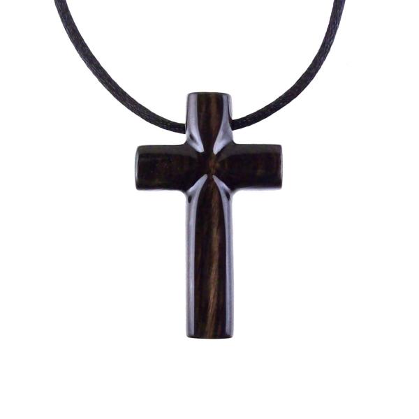 Hand Carved Wood Cross Necklace, Wooden Cross Pendant, Christian Jewelry for Men in Black with Brown Streaks