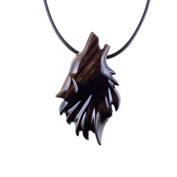Wolf Wooden Necklace, Hand Carved Wood Wolf Head Pendant, Spirit Animal Totem, Woodland Jewelry in Black with Brown Streaks