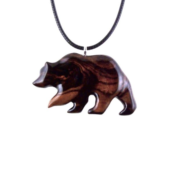 Wood Bear Necklace, Hand Carved Wooden Grizzly Bear Pendant for Men or Women, Spirit Animal Totem Jewelry Gift for Him Her