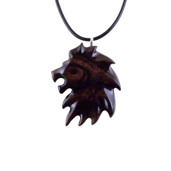 Hand Carved Wooden Lion Head Pendant, Men Wood Necklace, Handcrafted Leo Jewelry Gift