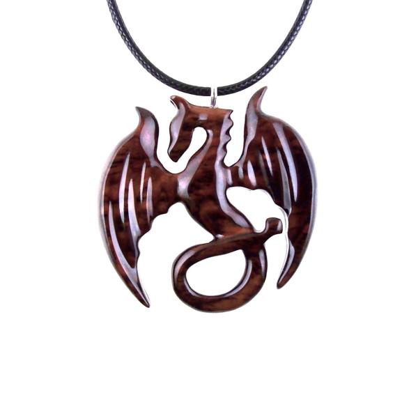 Dragon Necklace for Men or Women, Wooden Dragon Pendant, Hand Carved Wood Fantasy Jewelry, One of a Kind Gift for Him Her