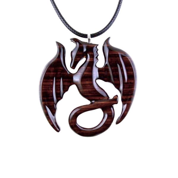 Dragon Necklace for Men or Women, Wooden Dragon Pendant, Hand Carved Wood Fantasy Jewelry, One of a Kind Gift for Him Her