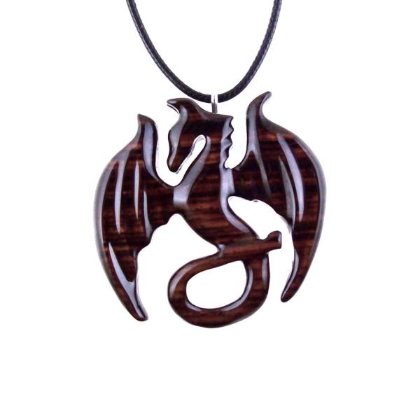 Dragon Necklace for Men or Women, Wooden Dragon Pendant, Hand Carved Wood Fantasy Jewelry, One of a Kind Gift for Him Her